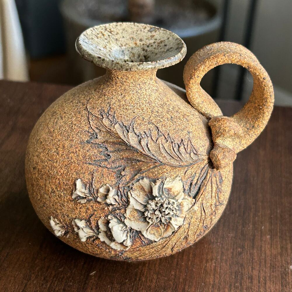 Vintage Small Sand Art pottery vase boho cottage artist signed floral handle